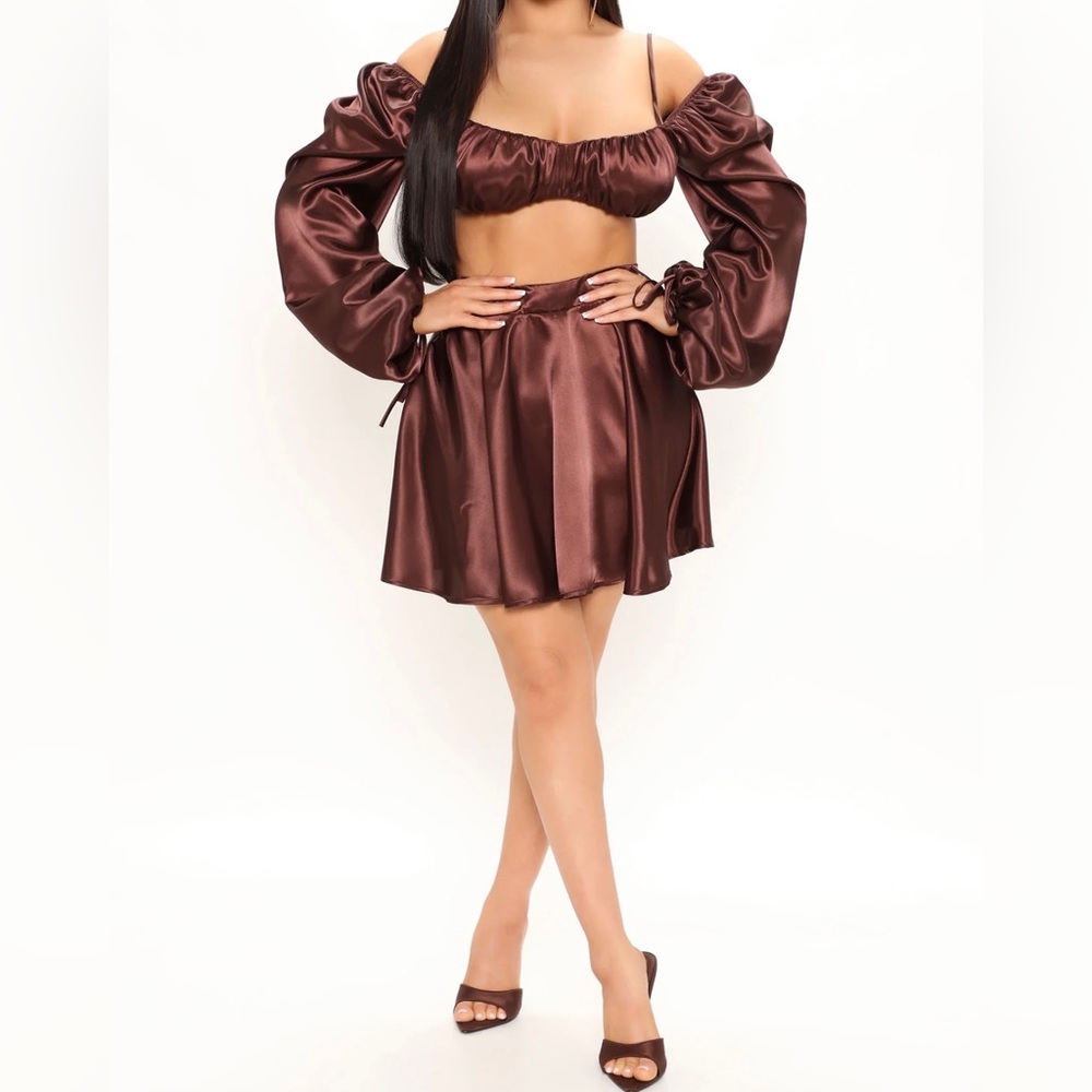 Brown Satin Crop Top Skirt Set NWT